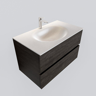 MONDIAZ VICA Ensemble de meuble salle de bain - 80cm - 2 tiroirs - lavabo Moon central - 1 trou de robinet - solid surface marron foncé