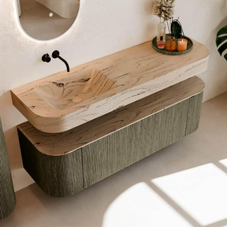 MONDIAZ THOR-DLUX 150cm meuble de salle de bains arrondi gauche + droite couleur Shadow avec 1 tiroir et 2 portes. Vasque suspendue CLOUD Gauche sans trou de robinet couleur Arena.