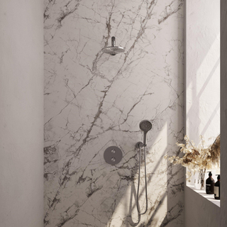 BRAUER Douche à l'italienne thermostatique à encastrer Carving brossé - 3 voies - rond - set 79 - douche principale de 20 cm - bras mural droit - douchette à main 3 positions - flexible de douche - coude mural - inox brossé PVD