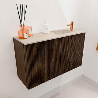 Mondiaz JOYA-DLUX 70cm toiletmeubel - kleur Walnut - Wastafel FAYE positie Rechts 1 kraangat kleur Frappe.