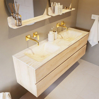 Mondiaz VICA-DLUX ensemble de meuble de salle de bain - 150cm - meuble sous-vasque chêne blanchi - 2 tiroirs - lavabo encastré cloud double - sans trous de robinet - version haute de 60cm - ostra