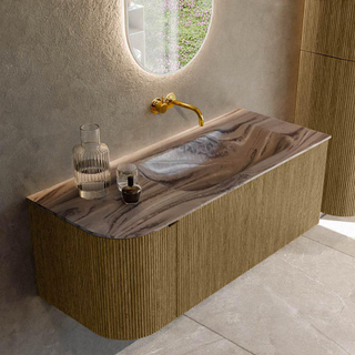 MONDIAZ KURVE-DLUX 115cm badmeubel ronding Links kleur Dusk met 1 lade en 1 deur. Wastafel BIG SMALL Rechts zonder kraangat Sombra.