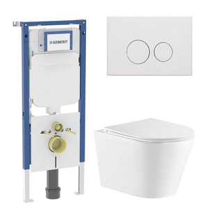QeramiQ Dely Toiletset - 36.3x51.7cm - diepspoel - rimless - Geberit UP720 inbouwreservoir - softclose toiletzitting - mat witte bedieningsplaat - ronde knoppen - wit glans
