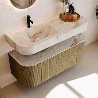 MONDIAZ THOR-DLUX 120cm meuble de salle de bains arrondi gauche + droite couleur Dusk avec 1 tiroir et 2 portes. Vasque suspendue CLOUD Gauche 1 trou de robinet couleur Frappe.