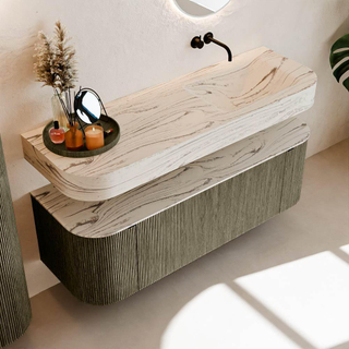 MONDIAZ THOR-DLUX 140cm meuble de salle de bains arrondi gauche + droite couleur Shadow avec 1 tiroir et 2 portes. Vasque suspendue CLOUD droite sans trou de robinet couleur Nata.