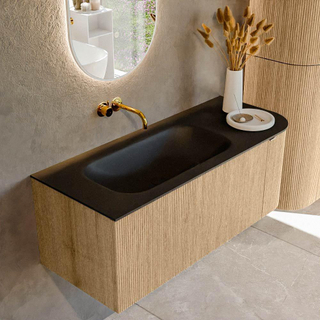 MONDIAZ KURVE 115cm Meuble salle de bain avec module 25 D - couleur Oak - 1 tiroir - 1 porte - vasque BIG SMALL gauche - sans trous de robinet - Urban