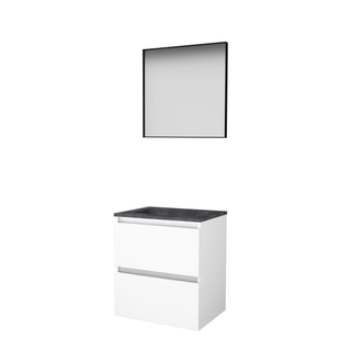 Basic-Line ensemble de meubles de salle de bain 60x46cm sans poignée 2 tiroirs vasque en pierre dure 0 trous de robinetterie miroir noir mat cadre en aluminium autour du mdf laqué blanc glacier