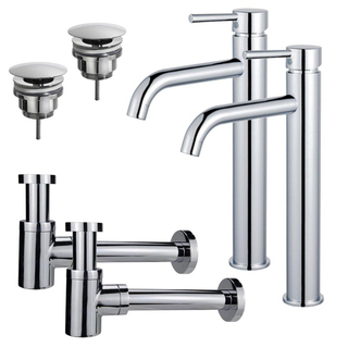 FortiFura Calvi Kit robinet lavabo - pour double vasque - bonde non-obturable - siphon design bas - Chrome brillant