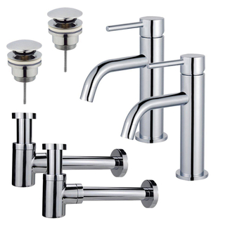 FortiFura Calvi Kit robinet lavabo - pour double vasque - robinet bas - bonde clic clac - siphon design bas - Chrome brillant