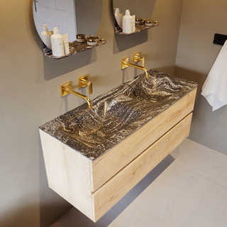 Mondiaz VICA-DLUX ensemble de meuble de salle de bain - 120cm - meuble sous-vasque chêne blanchi - 2 tiroirs - lavabo encastré cloud double - sans trous de robinet - miroir modèle spot - version XL 60cm de haut - lave