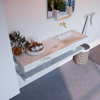 Mondiaz ALAN-DLUX Ensemble de meuble - 150cm - meuble Frappe mat - 0 tiroirs - Lavabo Cloud Frappe suspendu - vasque Droite - 0 trous de robinet