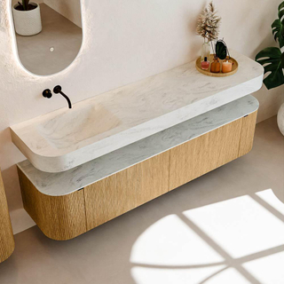 MONDIAZ THOR-DLUX Meuble de salle de bains - 190cm - arrondi gauche + droite - couleur Oak - 2 tiroirs et 2 portes - Vasque suspendue CLOUD gauche sans trou de robinet - couleur Opalo