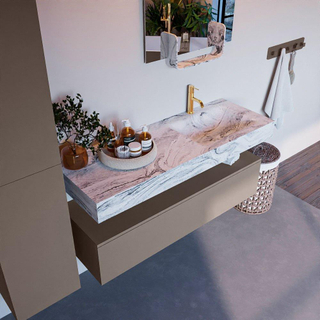 Mondiaz ALAN-DLUX Ensemble de meuble - 130cm - meuble Smoke mat - 1 tiroir - Lavabo Cloud Glace suspendu - vasque Droite - 1 trou de robinet