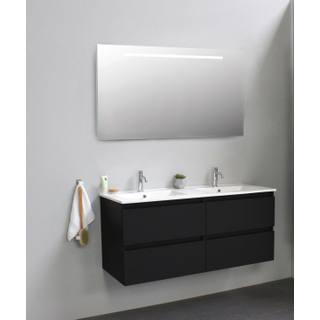 Basic Bella Badkamermeubelset - 120x55x46cm - 2 wasbakken - Keramiek - Wit - 2 kraangaten - Wandspiegel met verlichting - Melamine Zwart mat