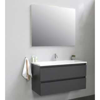 Basic Bella Badkamermeubelset - 100x55x46cm - 1 wasbak - Acryl - Wit - 1 kraangat - Wandspiegel zonder verlichting - Melamine Antraciet mat