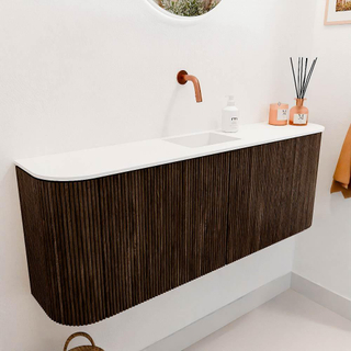 Mondiaz JOYA 113.2cm toiletmeubel - ronding links en rechts kleur Walnut - Wastafel FAYE positie Midden Zonder kraangat kleur Talc.