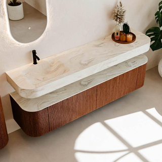 MONDIAZ THOR-DLUX 190cm meuble de salle de bains arrondi gauche + droite couleur Ruby avec 2 tiroirs et 2 portes. Vasque suspendue CLOUD Gauche 1 trou de robinet couleur Ostra.