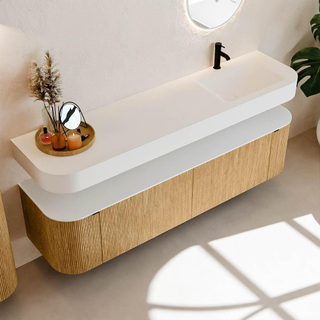 MONDIAZ THOR 180cm meuble de salle de bains arrondi gauche + droite couleur Oak avec 2 tiroirs et 2 portes. Vasque suspendue CLOUD Droite 1 trou de robinet couleur Talc.