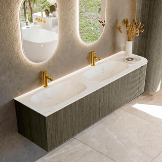Mondiaz KURVE-DLUX Ensemble de meuble salle de bain - 175x46x40cm - 2 tiroirs - 1 porte - lavabo en solid surface - double / gauche - 2 trous de robinet - Shadow
