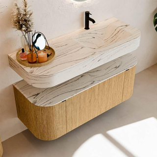 MONDIAZ THOR-DLUX 120cm meuble de salle de bains arrondi gauche + droite couleur Oak avec 1 tiroir et 2 portes. Vasque suspendue CLOUD Droite 1 trou de robinet couleur Nata.