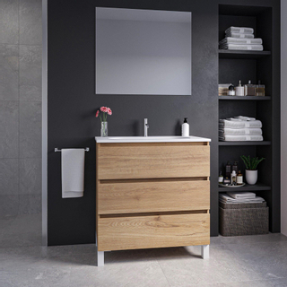 Adema Chaci PLUS Ensemble de meuble - 79.5x86x45.9cm - 1 vasque ovale en céramique Blanc - 1 trou de robinet - 3 tiroirs - miroir rectangulaire - Cannelle