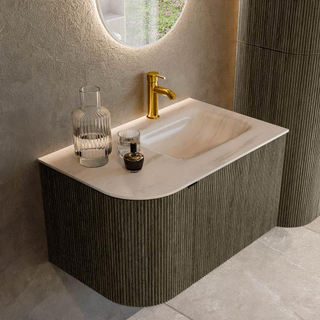 MONDIAZ KURVE-DLUX 75cm badmeubel ronding Links kleur Shadow met 1 lade en 1 deur. Wastafel GRUNNE Rechts 1 kraangat Meli.