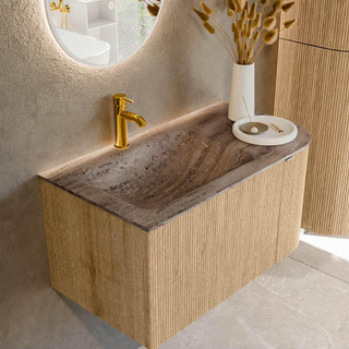 MONDIAZ KURVE-DLUX 85cm badmeubel ronding Rechts kleur Oak met 1 lade en 1 deur. Wastafel CLOUD Links 1 kraangat Oza.