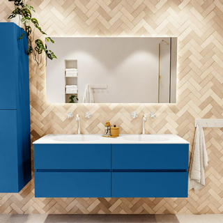 Mondiaz VICA ensemble de meuble de salle de bain - 140cm - meuble sous-vasque jeans - 4 tiroirs - lavabo moon double - 2 trous de robinet - couleur talc - miroir LED - version XL 60cm de haut