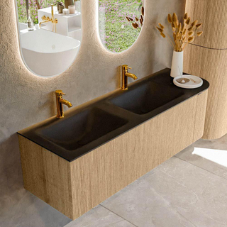 MONDIAZ KURVE 145cm Meuble salle de bain avec module 25 D - couleur Oak - 1 tiroir - 1 porte - vasque CLOUD double / gauche - 2 trous de robinet - Urban