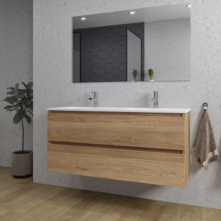 Adema Chaci Ensemble meuble de salle de bains - 120x46x57cm - 2 vasques en céramique blanche - 2 trous pour robinets - 2 tiroirs - miroir rectangulaire – couleur cannelle