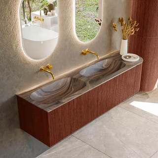 MONDIAZ KURVE-DLUX 165cm badmeubel ronding Rechts kleur Ruby met 2 lades en 1 deur. Wastafel STOR SMALL Dubbel / Links zonder kraangat Sombra.