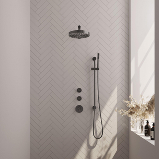 BRAUER Stripe Thermostatische Inbouw Regendouche - SET 07 - 25cm douchekop - rechte muurarm - staaf handdouche - doucheslang - geïntegreerde glijstang - gunmetal geborsteld PVD