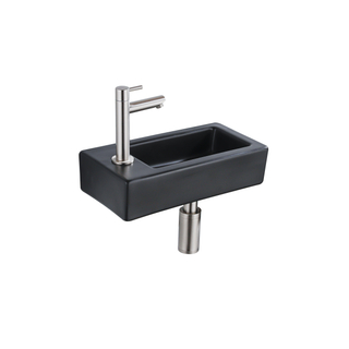 QeramiQ Lave-mains Kit lave-mains - 37.5x18.5x9cm - céramique - trou de robinet gauche - robinet lave-mains en inox brossé - bonde de vidage - siphon abaissé - Mat Noir