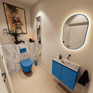 MONDIAZ TURE-DLUX Meuble toilette - 60cm - Jeans - EDEN - vasque Glace - position droite - sans trou de robinet