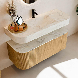 MONDIAZ THOR-DLUX Meuble de salle de bains - 120cm - arrondi gauche + droite - couleur Oak - 1 tiroir - 2 portes - Vasque suspendue CLOUD Milieu 1 trou de robinet couleur Ostra