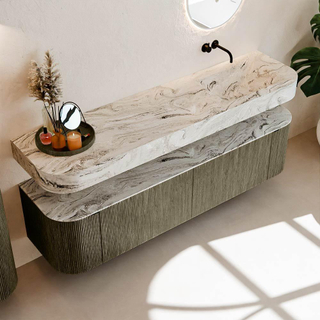 MONDIAZ THOR-DLUX 180cm meuble de salle de bains arrondi gauche + droite couleur Shadow avec 2 tiroirs et 2 portes. Vasque suspendue CLOUD Droite sans trou de robinet couleur Glace.