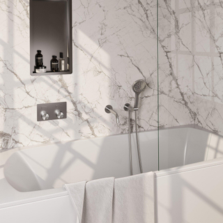 BRAUER Stripe Mitigeur thermostatique bain - boutons-poussoirs - SET 04 - encastré - bec - douchette 3 positions - flexible de douche - coude mural - couleur inox brossé PVD