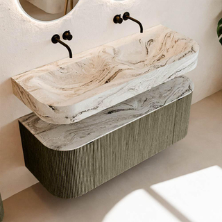 MONDIAZ THOR-DLUX 120cm badmeubel ronding links + rechts kleur Shadow met 1 lade en 2 deuren. Vrijhangende wastafel CLOUD Dubbel zonder kraangat kleur Glace.