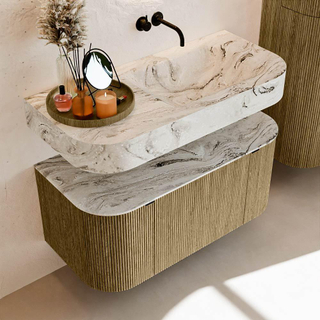 MONDIAZ THOR-DLUX 100cm meuble de salle de bains arrondi gauche + droite couleur Dusk avec 1 tiroir et 2 portes. Vasque suspendue CLOUD Droite sans trou de robinet couleur Glace.