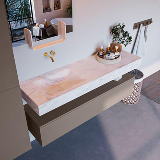 Mondiaz ALAN-DLUX Ensemble de meuble - 150cm - meuble Smoke mat - 1 tiroir - Lavabo Cloud Ostra suspendu - vasque Gauche - 0 trous de robinet