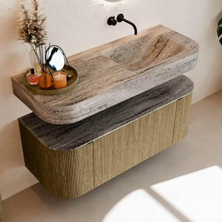 MONDIAZ THOR-DLUX 120cm meuble de salle de bains arrondi gauche + droite couleur Dusk avec 1 tiroir et 2 portes. Vasque suspendue CLOUD Droite sans trou de robinet couleur Oza.