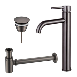 FugaFlow Eccelente Sobrado Kit mitigeur lavabo - robinet rehaussé - bonde non-obturable - siphon design bas - PVD Gunmetal