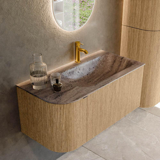 MONDIAZ KURVE-DLUX 95cm badmeubel ronding Links kleur Oak met 1 lade en 1 deur. Wastafel BIG SMALL Rechts 1 kraangat Oza.