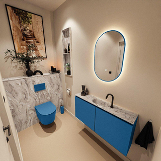 MONDIAZ TURE-DLUX Meuble toilette - 100cm - Jeans - EDEN - vasque Glace - position centrale - 1 trou de robinet