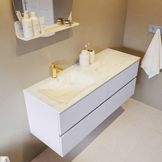 Mondiaz VICA-DLUX Ensemble de meuble de salle de bain - 130cm - meuble sous-vasque cale - 4 tiroirs - lavabo encastré cloud gauche - 1 trou de robinet - version haute de 60cm - opalo