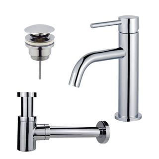 FortiFura Calvi Slim Kit mitigeur lavabo - robinet bas - bonde clic clac - siphon design bas - Chrome brillant