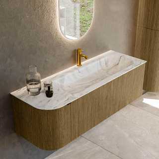 Mondiaz KURVE-DLUX Ensemble de meuble - 135x46x40cm - 1 tiroir - 1 porte - lavabo en solid surface - droite - 1 trou de robinet - Dusk