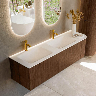 MONDIAZ KURVE 155cm Meuble salle de bain avec module 25 D - couleur Walnut - 2 tiroirs - 1 porte - vasque CLOUD double / gauche - 2 trous de robinet - Talc