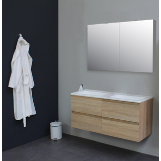 Basic Bella Meuble avec lavabo acrylique sans trou de robinet 120x55x46cm avec armoire toilette à 2 portes gris Chêne
