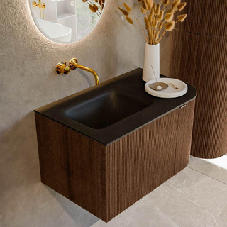 MONDIAZ KURVE 75cm Meuble salle de bain avec module 25 D - couleur Walnut - 1 tiroir - 1 porte - vasque GRUNNE gauche - sans trous de robinet - Urban